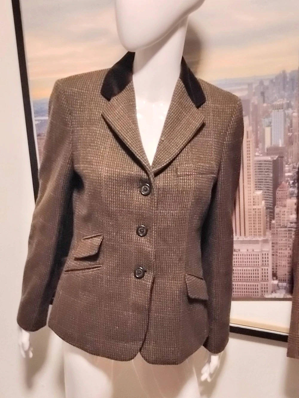 Lauren Ralph Lauren Equestrian Tweed Velvet Collar Blazer Brown Petite 10P